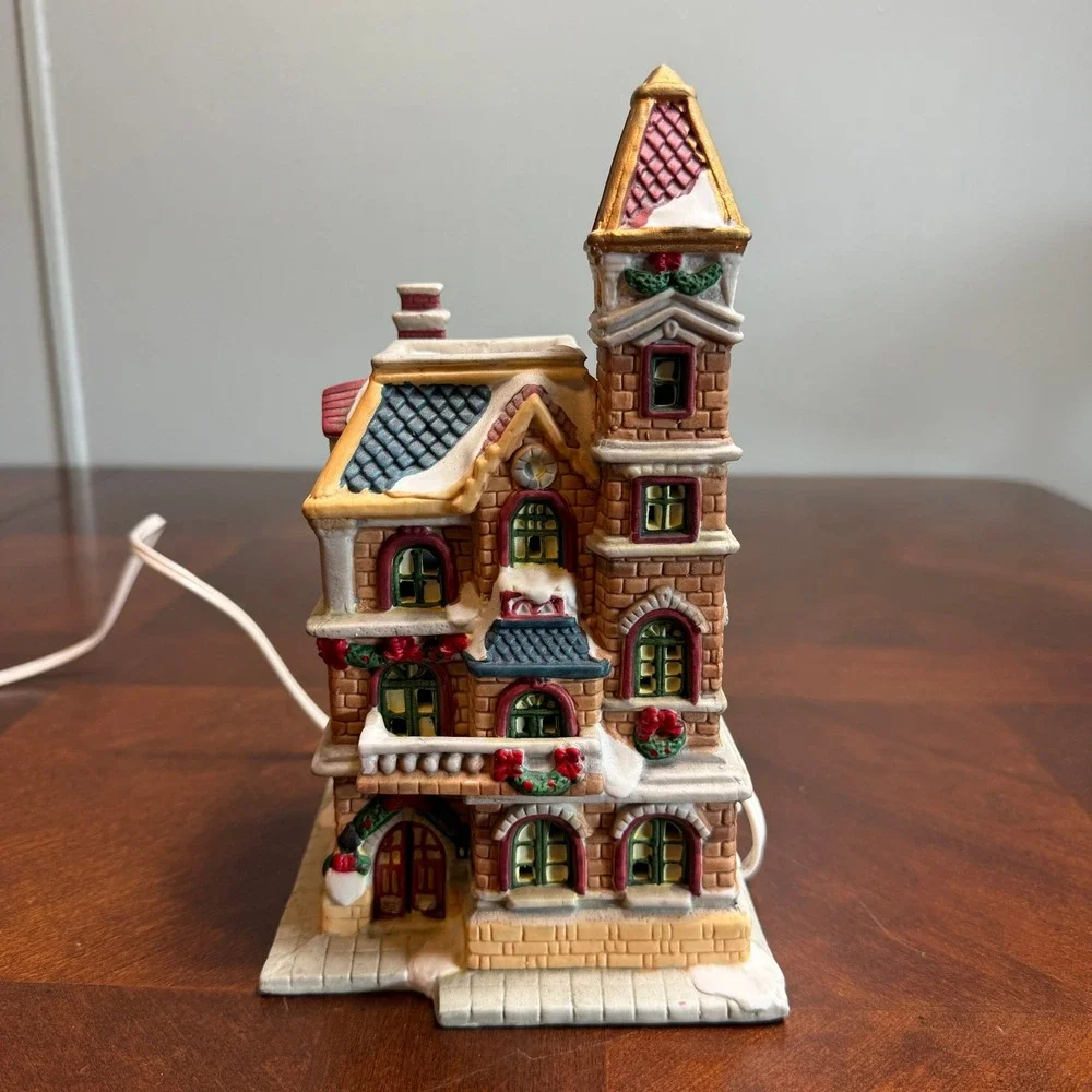 Vintage 90s Porcelain Christmas‎ Village House Lighted Victorian Brick Tower